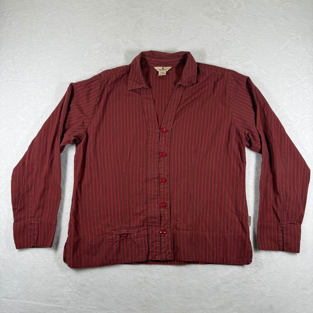 Woolrich Womens Large Red Striped Cotton Button Down Shirt‎ V-Neck Long Sleeve